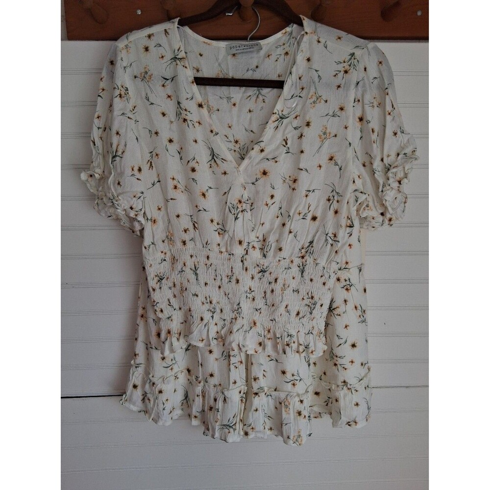 Paper Crane Cream Yellow Daisy Smocked V-Neck Top & Tiered Skirt 2 Pc. Set Sz M